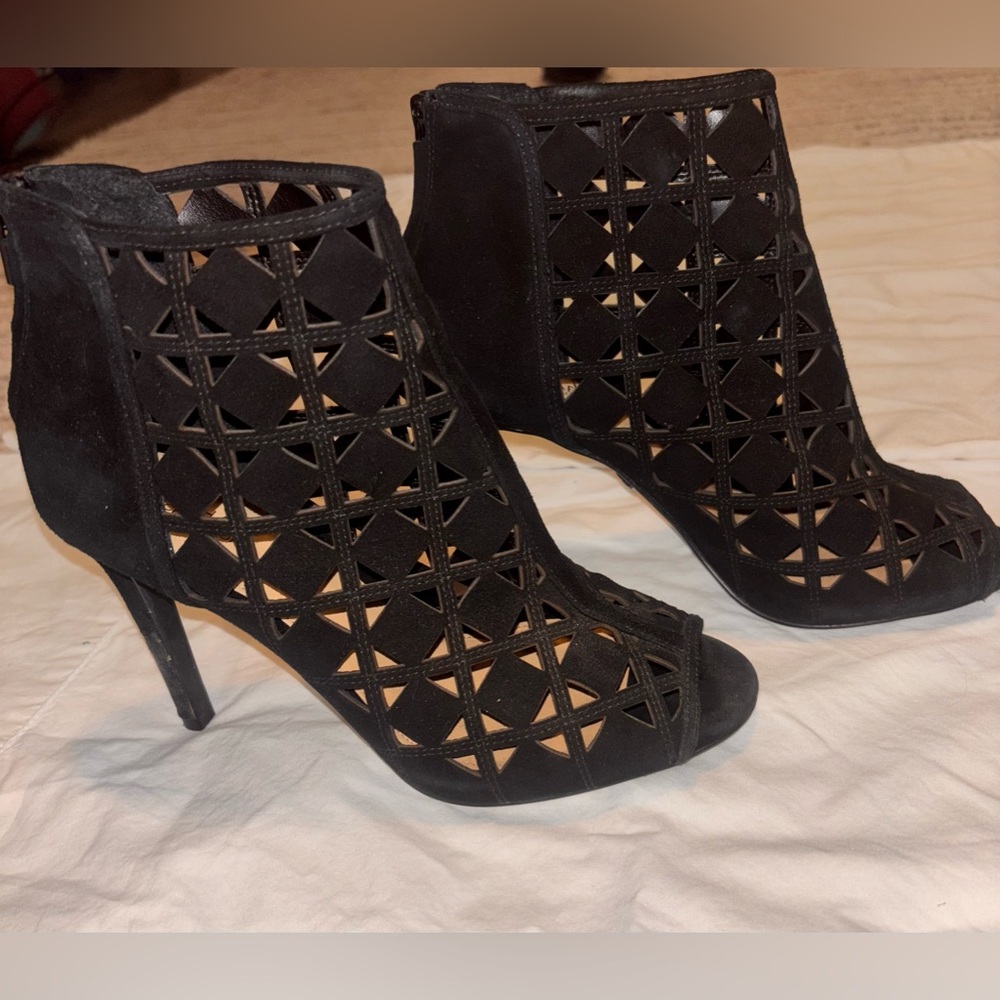 Michael Kors Black Suede Cutout Peep Toe Stiletto Ankle Boots